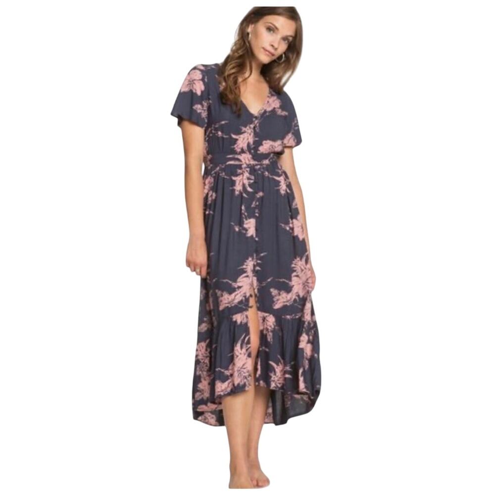 Roxy Bright Daylight Short Sleeve Maxi Dress Floral Print Small Blue & Pink Boho - Picture 4 of 15
